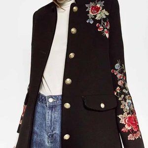 Zara Trafaluc Floral Embroidered Military Jacket Coat Size-M